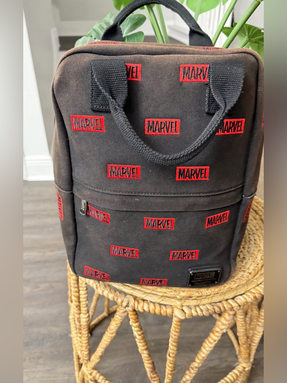Loungefly Marvel Allover Logo Canvas Backpack Black Red Embroidered